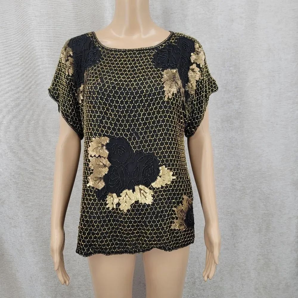 Vintage Silk Elegant Black and Gold Beaded Sequin Roses Women's Top Blouse
